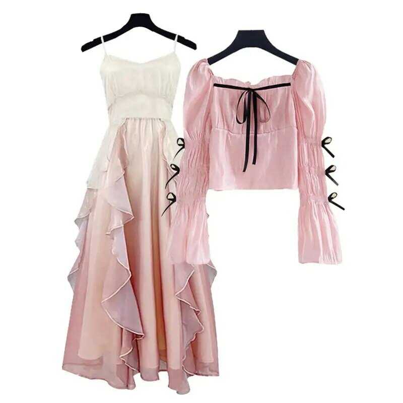 Комплект из двух предметов Женский, модный топ и приталенное платье в Корейском стиле, весна-лето