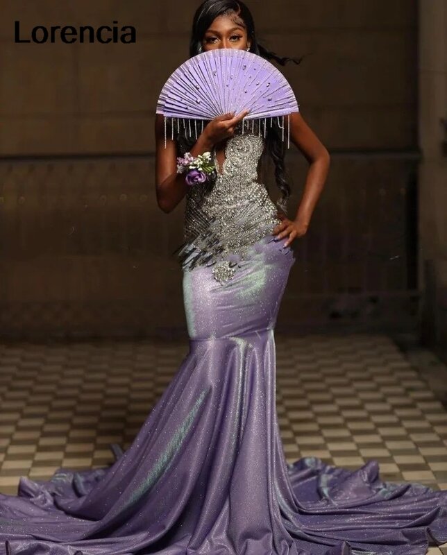 Lorencia Sparkly African Lavender Mermaid Prom Dress For Black Girls Crystal Beading Sequins Party Gown Robe De Soirée YPD24