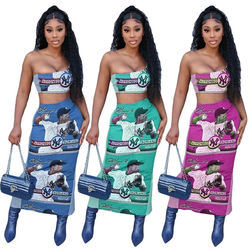 Sommer lässig Frauen Baseball-Print schräge Schulter Bustier Halbkörper Kleid rücken frei langen Rock Mode Straße 2-teiliges Set