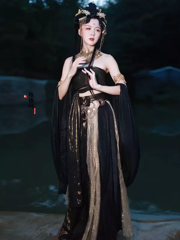 GeGeWu-Conjunto de vestido Tang Hanfu de estilo Dunhuang, accesorios múltiples, tema chino antiguo, negro dorado, trajes de escenario lujosos, 9 piezas