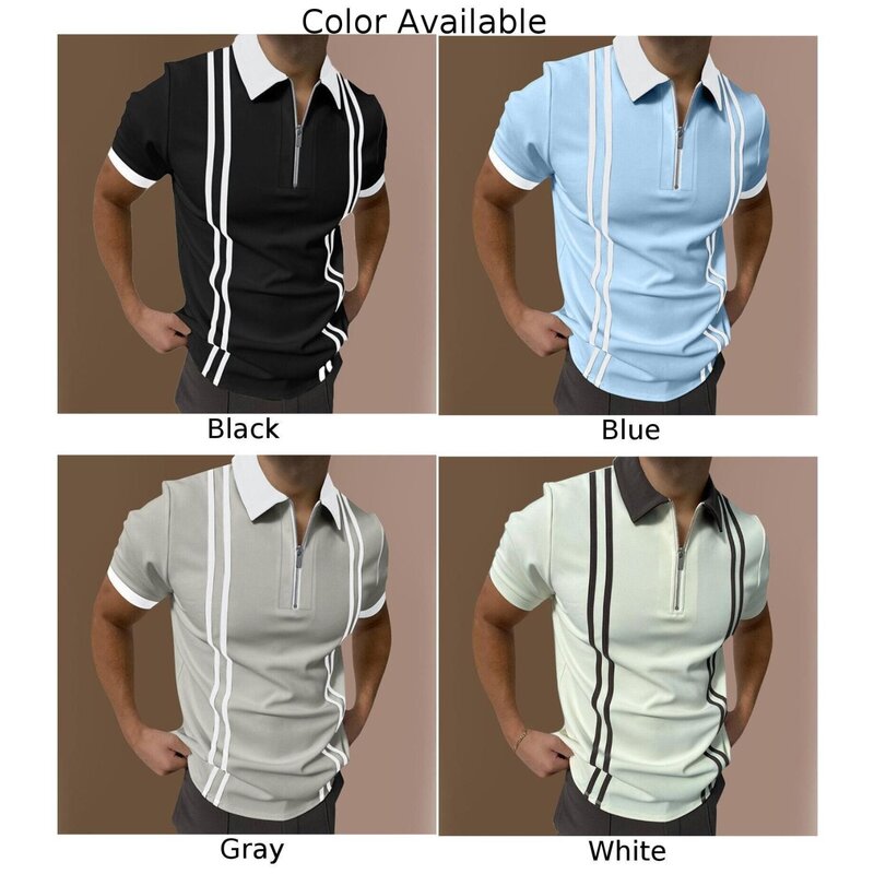 Повседневная футболка с коротким рукавом, удобная эластичная рубашка из полиэстера с воротником с лацканами в полоску, классический стиль