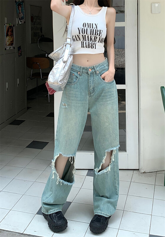 Celana Jeans wanita seret lantai pinggang tinggi, celana Denim longgar, celana kaki lebar, celana jins lubang musim panas untuk wanita