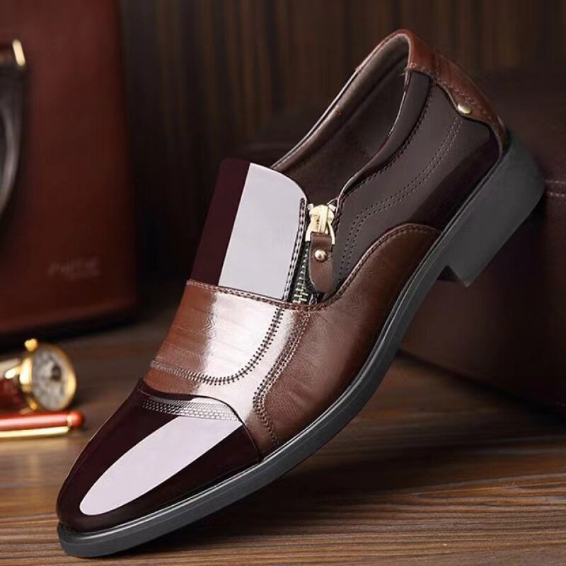 Men's Casual Leather Shoes Embroidered Loafers Men's Business Leather Shoes Loafers Pointed Toe Zipper Men's Driving Shoes