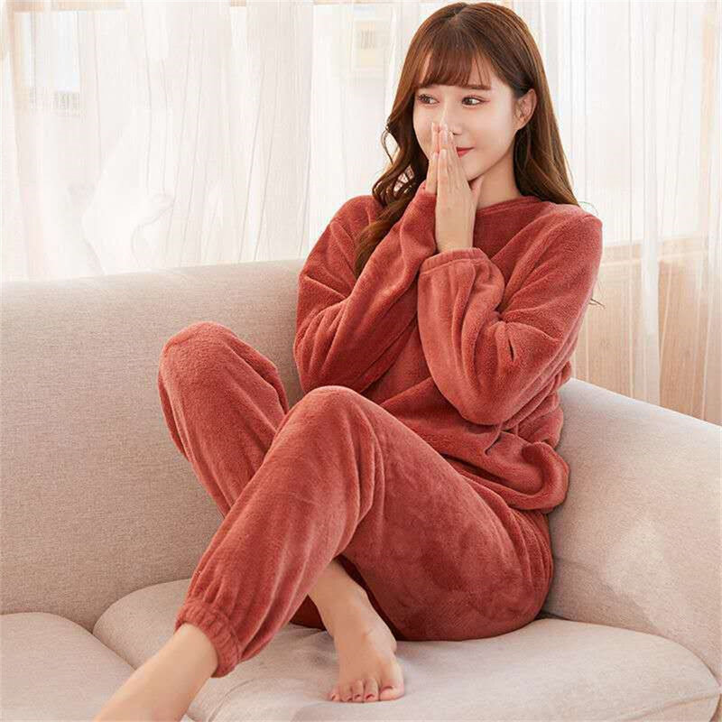Dames Winter Pyjama Koraal Fleece Warme Pyjama Set Kan Buiten Pyjama Losse Top Elastische Taille Broek Thuis Vrijetijdskleding