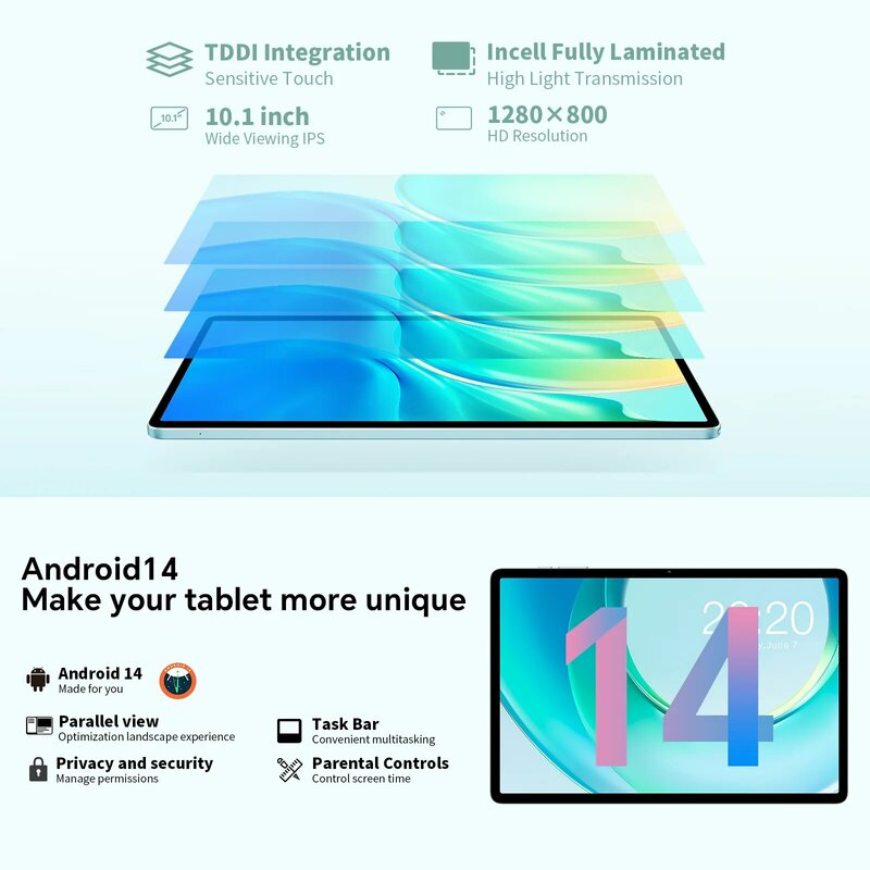 Teclast-M50 Tablet Android 14, T606, 8 núcleos, 6GB + 8GB de RAM, ROM 128GB, 10.1 ", Incell totalmente laminado, rede 4G, GPS, Widevine L1, Slim