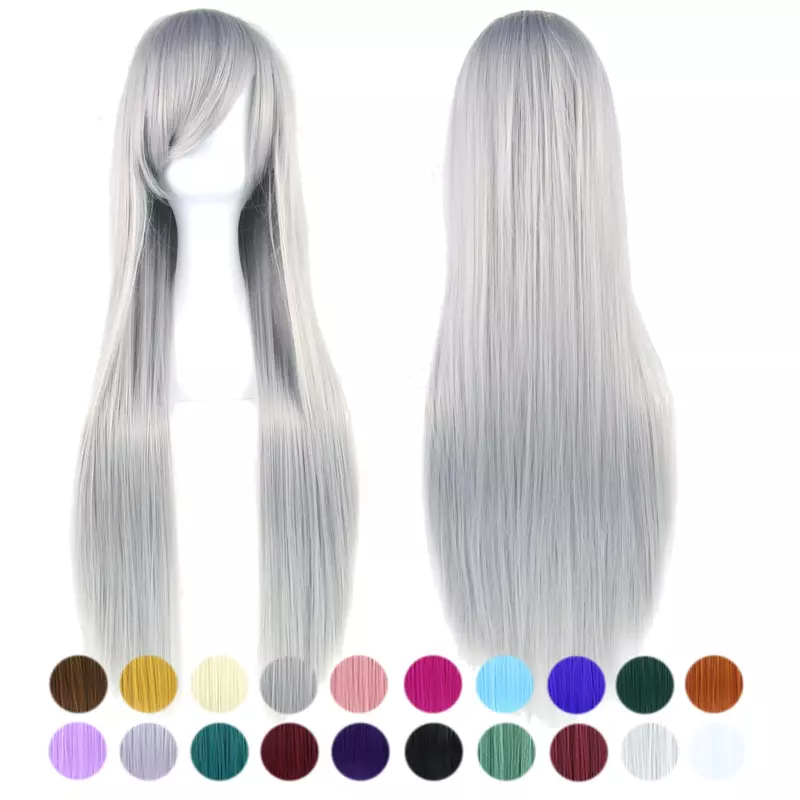 80cm Long Straight Synthetic Hair Gray Cosplay Wigs with Bangs Halloween Costume Party Wig for Women