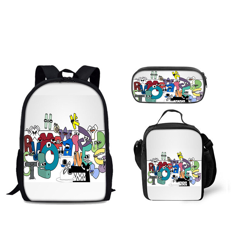 Tas punggung pola alfabet kartun 3 buah/set tas punggung gambar cetak 3D tas buku siswa sekolah tas makan siang Anime Laptop tas pensil hadiah anak-anak