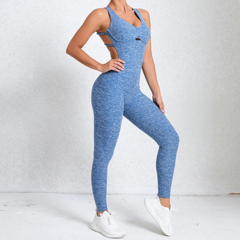 Женские комбинезоны для йоги, синие однотонные облегающие сексуальные комбинезоны без рукавов, модный спортивный комбинезон с открытой спиной, одежда для фитнеса