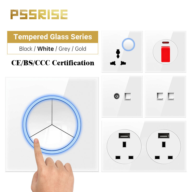 PSSRISE-enchufe de pared con cargador USB, Panel de vidrio templado completo, toma de corriente con indicador LED, 5V, 2.1A, UE, Reino Unido