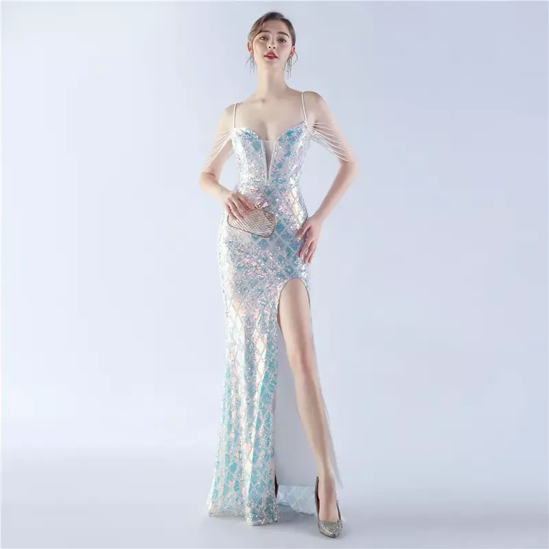 Sladuo Women's Luxury Sequin Dress Split Glitter Maxi V Neck Hollow Out Sleeve Elegant Dress for Evening Party Prom