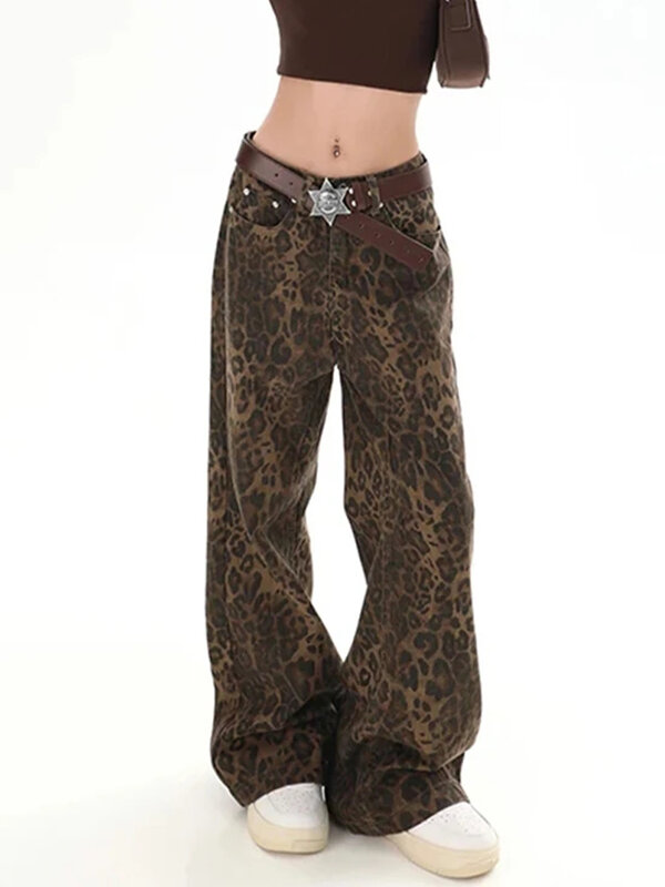 HOUZHOU Tan Leopard Jeans wanita celana Denim wanita kebesaran celana panjang kaki lebar Streetwear Hip Hop pakaian antik longgar kasual
