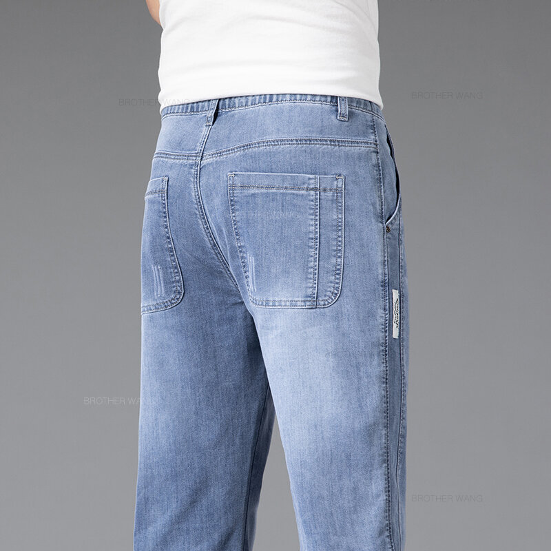 Zomer Dunne Jeans Heren Losse Rechte Broek Mode Elastische Taille Stretch Katoenen Casual Denim Broek Lichtblauw