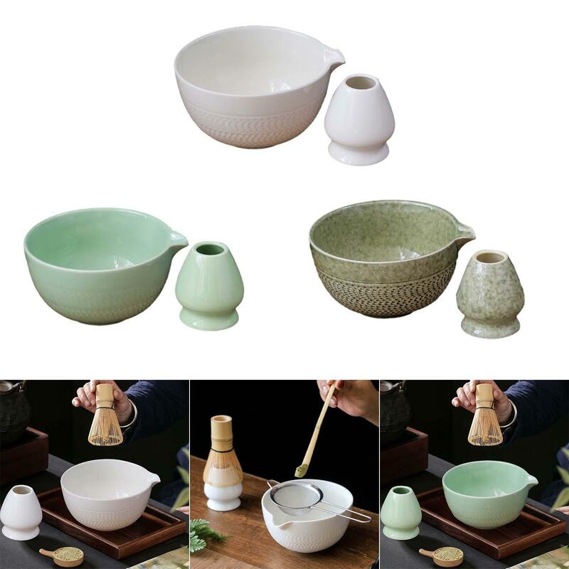 Ciotole Matcha in ceramica da 2 pezzi con supporto per frusta ciotola da tè con beccuccio per la cerimonia tradizionale del tè della camera da letto della casa cerimoniale