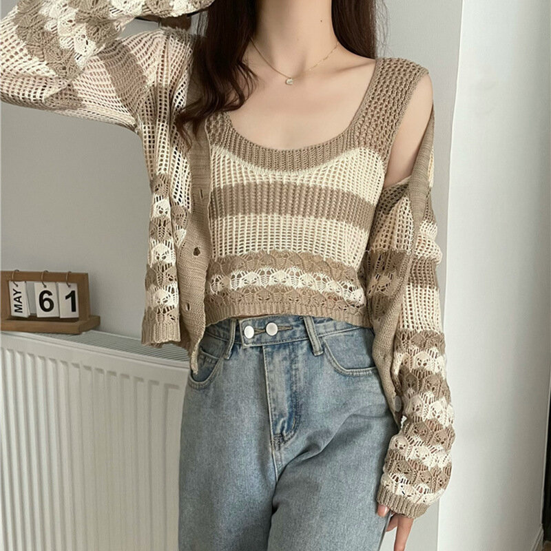 Striped Short Knitted Cardigan Coat Women's Spring and Autumn Chic Hollow Sweater Shawl Outer Jacket Two-piece Set