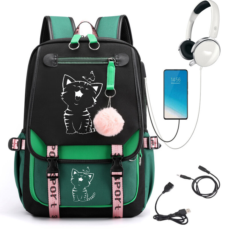 Tas punggung sekolah motif kucing, tas ransel Sekolah gambar kartun lucu untuk pelajar remaja, tas buku Laptop remaja, tas ransel Usb Mochila