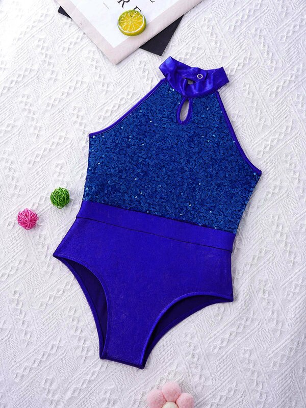 Детская танцевальная одежда для девочек, ярко-голубое стильное Боди без рукавов с блестящими блестками и воротником в стиле пэчворк