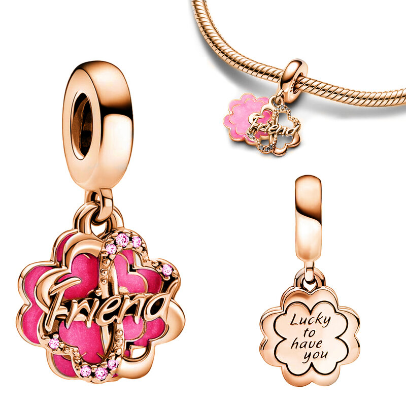 Colgante de plata de ley 925 auténtica para niña, dije con forma de corazón, tortuga marina, pulpo rosa, oro rosa, compatible con pulsera Pandora Original