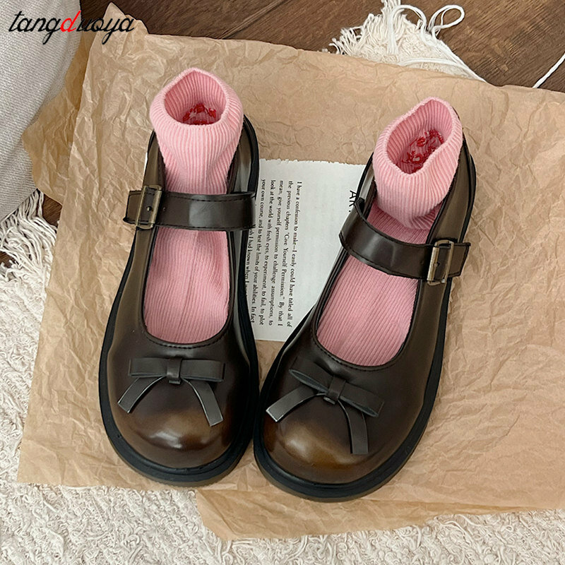 คาวาอี้แฟชั่นรองเท้าโลลิตาสำหรับเด็กผู้หญิง2024รองเท้าสไตล์ญี่ปุ่น PU Mary Janes ผูกโบว์หวานน่ารักนิ้วเท้ารอบต่ำรองเท้าโลฟเฟอร์