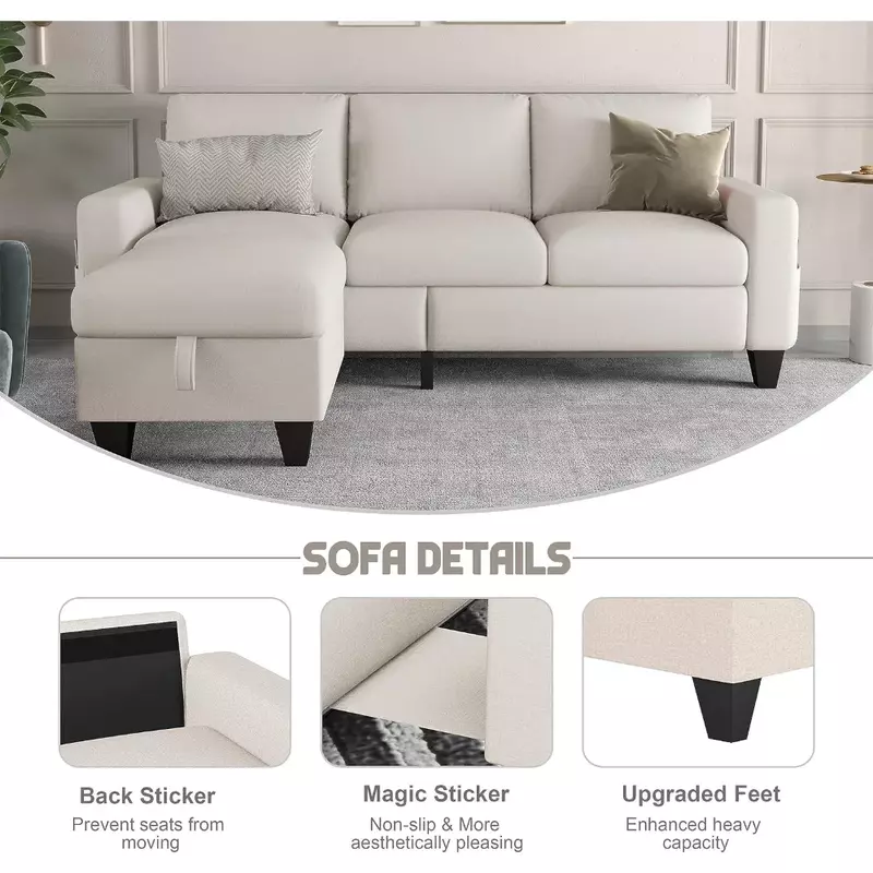 Living Room Sofa,Beige Linen Modern 3 Seater L Shaped Upholstered Furniture,Reversible Footrest with Storage Sofa