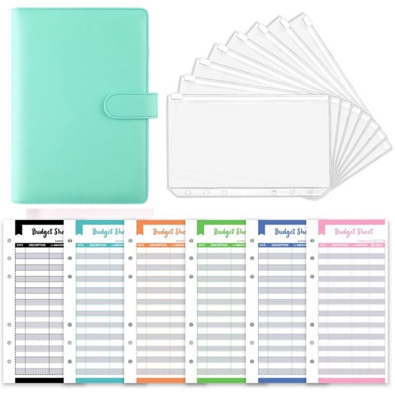 Y1UB Notebook Binder บรรจุ 1 Binder 8 กระเป๋าซิปโปร่งใสและ 12 แผ่นงบประมาณ 6 สี 2 แผ่นงบประมาณสำหรับ 1 สี