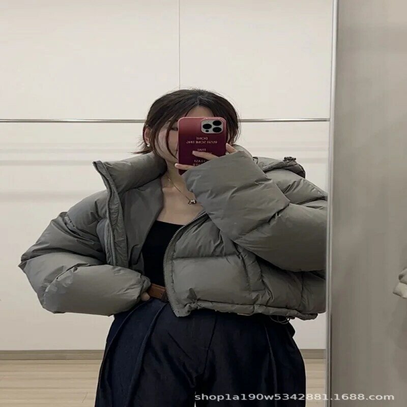 Женский короткий пуховик с высокой талией, утепленное свободное черное пальто с капюшоном, новинка 2023