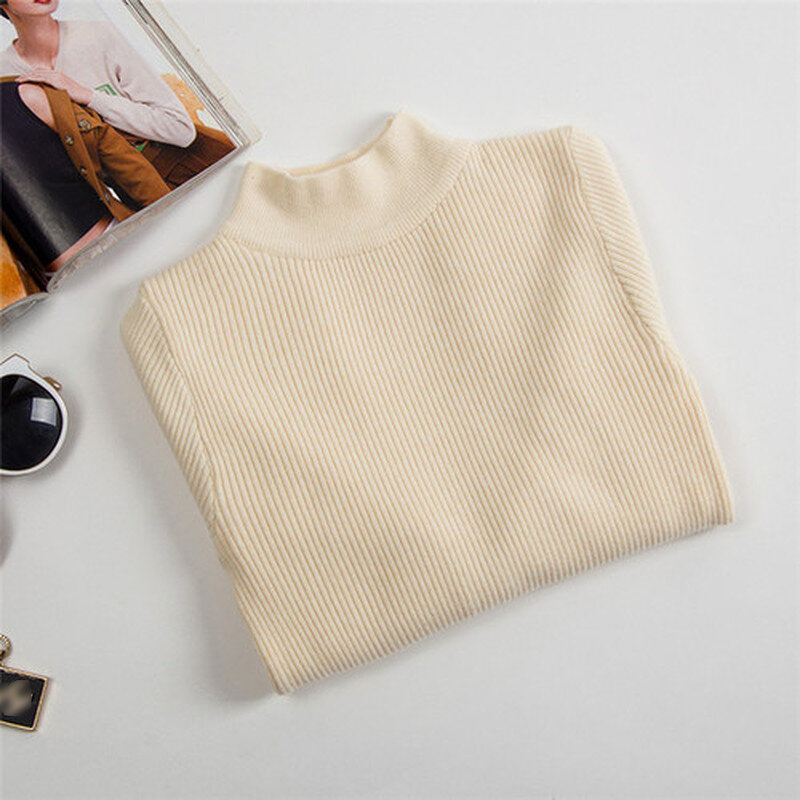 Manga comprida de gola alta feminina malha suéter fino, pulôveres casuais, suéteres femininos, outono, inverno, 10643