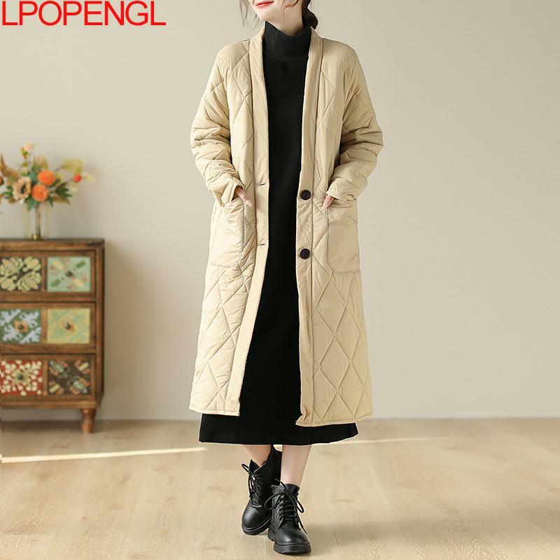 2023 Женская осенне-зимняя модная куртка средней длины, Повседневная Свободная винтажная однотонная элегантная хлопковая одежда с длинными рукавами