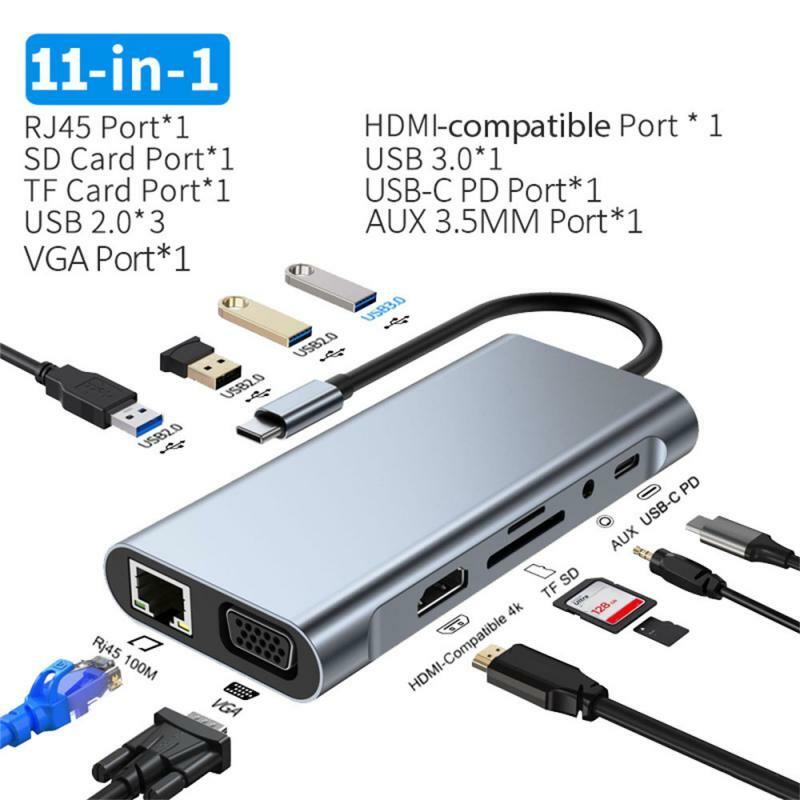 RYRA 11 w 1 USB C HUB typ C rozdzielacz do HDMI 4K Thunderbolt 3 stacja dokująca zasilacz do laptopa z AUX karta SD TF RJ45 VAG HUB