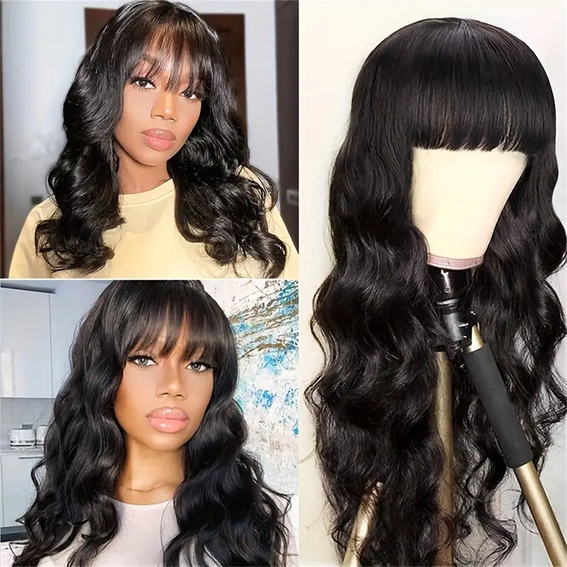 Body Wave Human Hair Wigs With Bangs 180% Density Remy Indian Wig With Bangs Full Machine Made Fringe Wig Human Hair Natural Wig