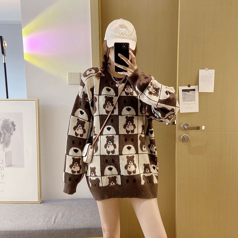 Sweater Women's Korean Style Loose Spring and Autumn Style Plaid Round Neck Long-sleeved Fashion Pullover Knitted Top Women