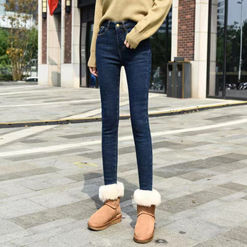 Damen Herbst Winter neue Mode elegante einfarbige Reiß verschluss Knopf hohe Taille elastisch lässig vielseitig Plüsch verdickte Jeans