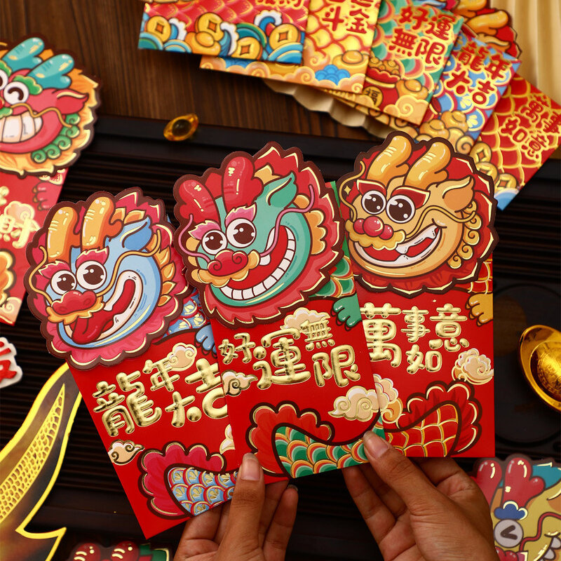 Sobres Rojos del Año del Dragón para decoración del hogar, paquetes rojos de la suerte, Festival Chino de primavera, año Lunar, 6 piezas, 2024