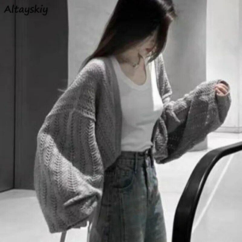 Cardigans soltos estilo coreano feminino, manga comprida, moda cinza, design simples, monocromático, roupa de faculdade, combina tudo, primavera, outono