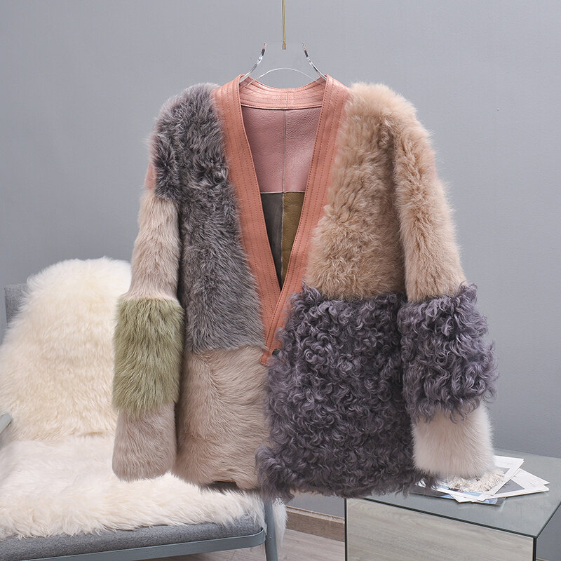 Zimowe płaszcze toskańskie wełniane damskie futro damskie ubrania kontrastowe kolor moda ciepłe kobiece futro kurtka Casaco Feminino Lq