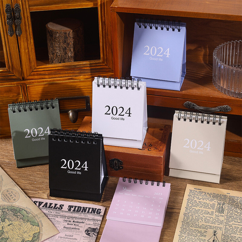 Новинка 2023-2024, простой однотонный Настольный бумажный мини-календарь для заметок, двойной ежедневник, настольный планировщик, офисные украшения
