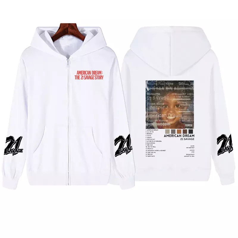 21 Savage Story American Dream 2024 Zipper Hoodie Harajuku Pullover Tops Sweatshirt Streetwear Fans Gift Unisex