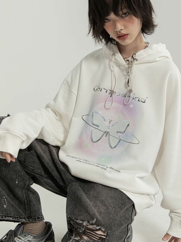 Women Sweatshirt Hoodie Plush Vintage Coat Printing Long Sleeve Korean Fashion Casual Y2K Autumn Cotton Female Jacket