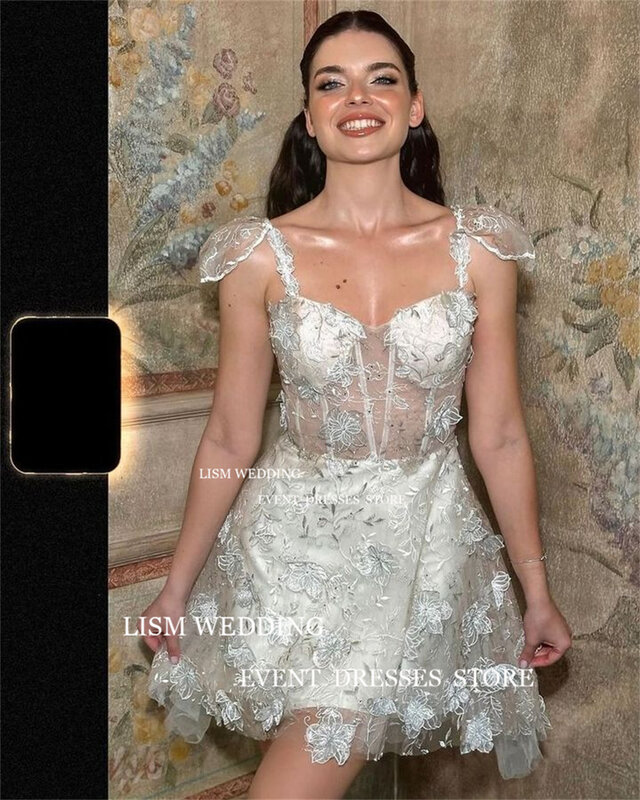 Lism-短いウェディングドレス,レースキャップスリーブ付き,背中の開いたブライダルガウン,3D花,カクテルパーティー用,フォーマルなパーティードレス,結婚式用,2024