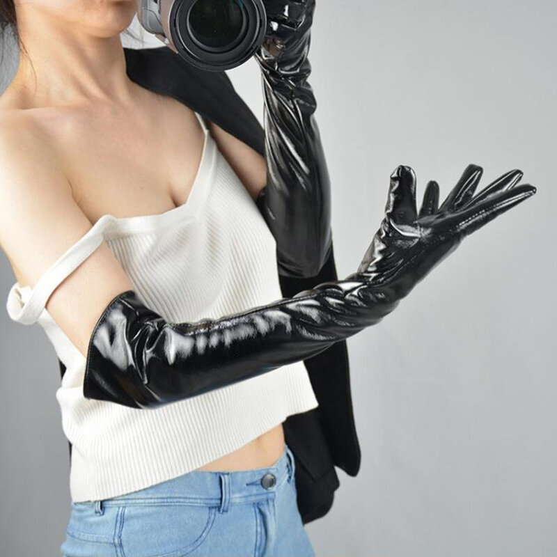 Женские перчатки из лакированной кожи, черные перчатки из искусственной кожи, длина 50 см, WPU42