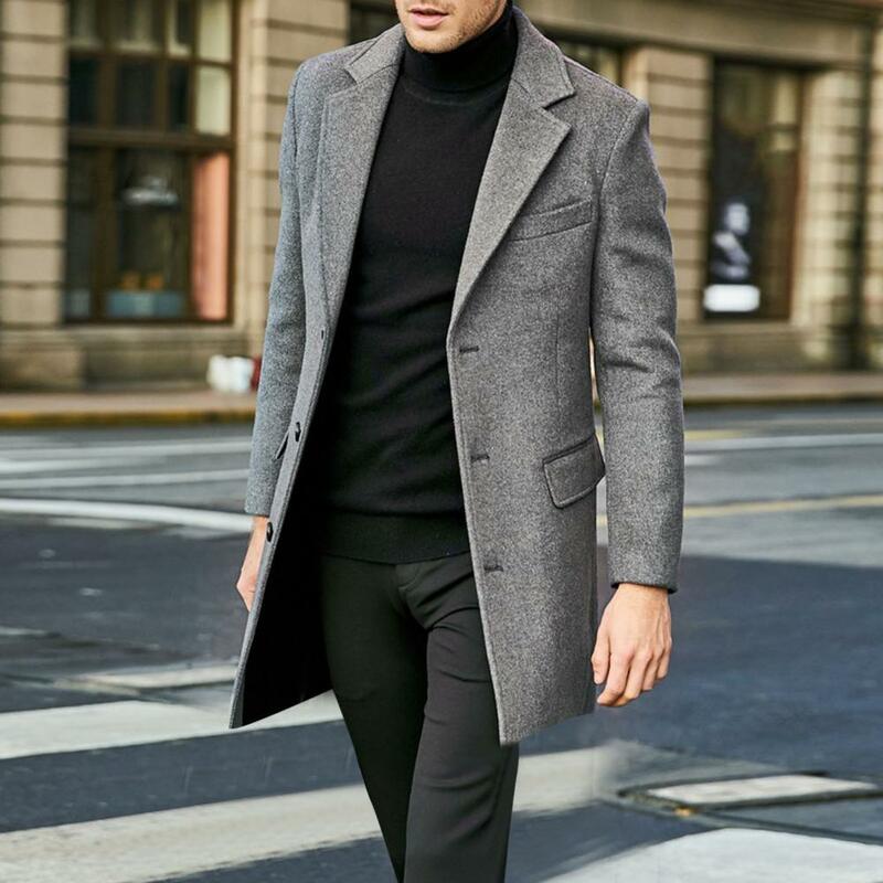 Casaco quente de manga comprida masculino, sobretudo lapela, bolsos com aba, jaqueta de peito único, inverno