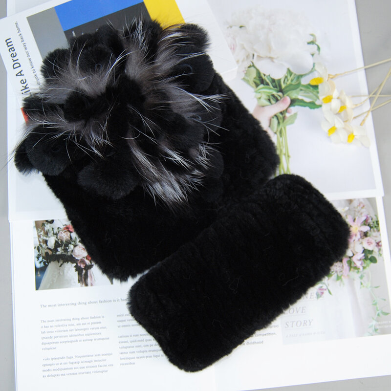 Gaya Baru Topi Bulu Rajutan Wanita Syal Topi Bulu Kelinci Rex Hangat untuk Wanita 2 Buah Set Syal Topi Bulu Kelinci Rex Alami Musim Dingin