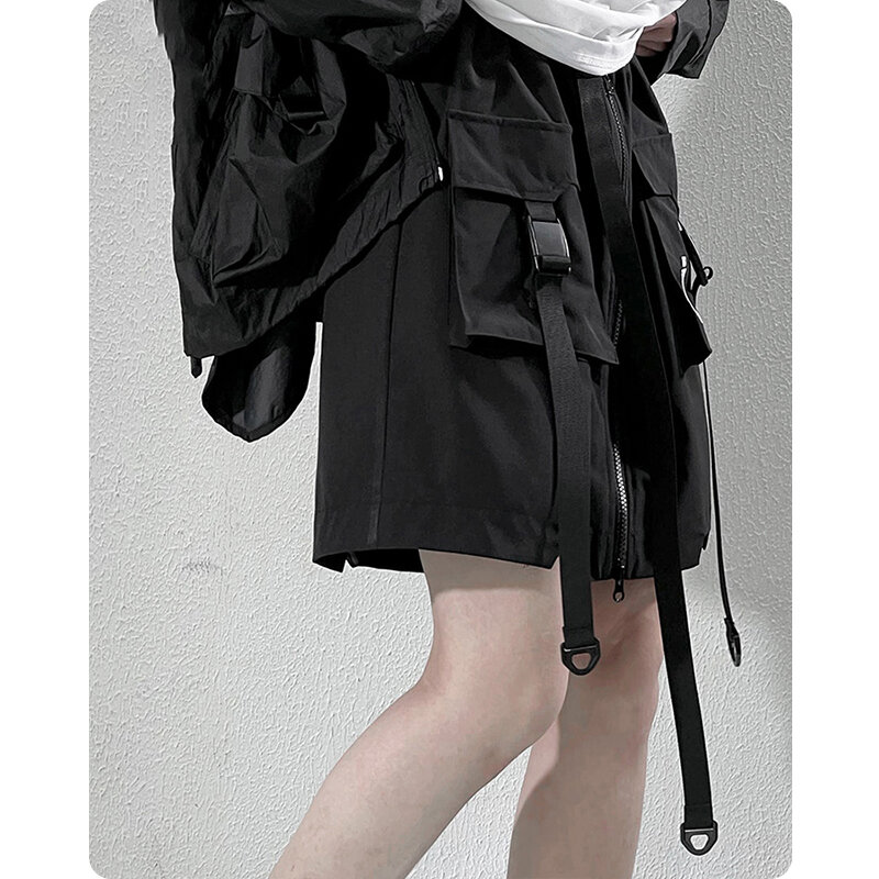 Unisex multifuncional saia curta calças, calças casuais soltas, grande bolso streetwear, fita escura, roupas de verão
