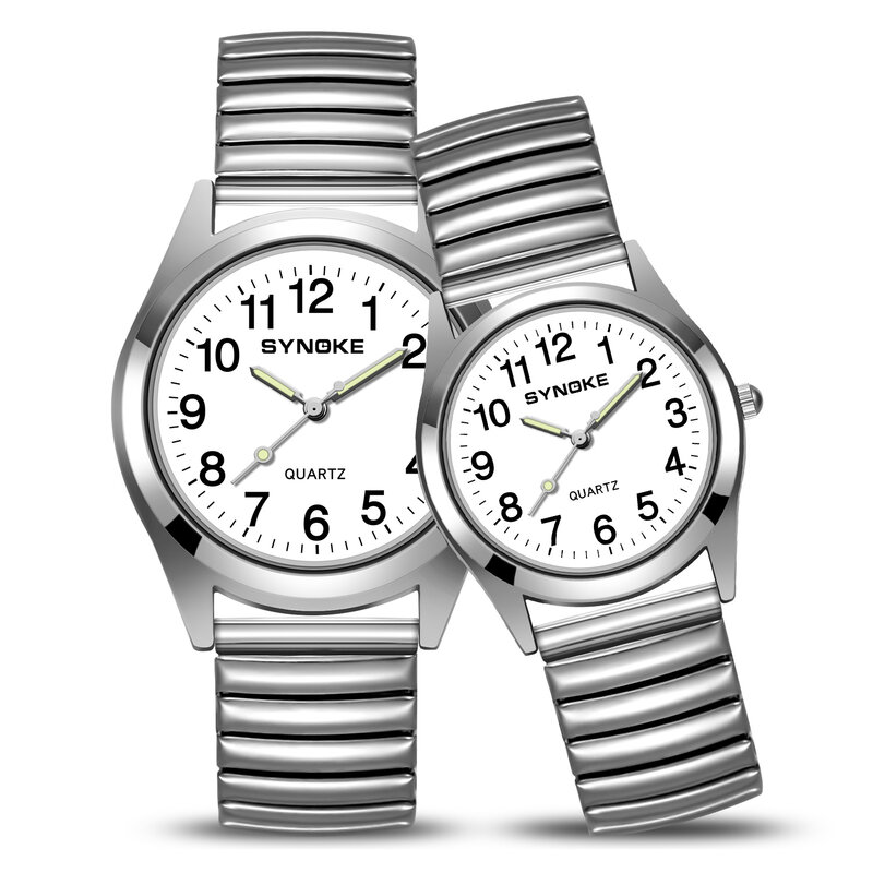 Jam tangan Pasangan Pria Wanita, jam tangan pasangan baja tahan karat jam tangan kreatif tali musim semi tahan air merek SYNOKE