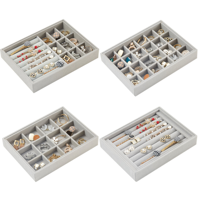Bandeja de caja de joyería, franela gris, estante de exhibición de joyería, pendientes, pendientes, pulsera, caja de almacenamiento