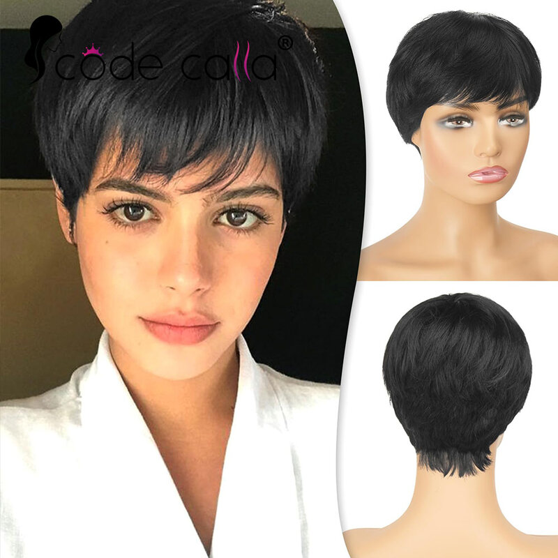 Fryzura Pixie peruki dla czarnych kobiet 9A krótka proste włosy ludzkie peruki z grzywką peruki z krótkim warstwowym Pixie dla czarnych kobiet naturalne