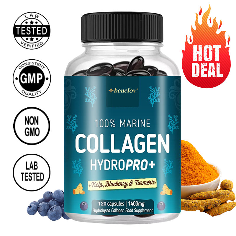 Powerful Marine Collagen - With Hyaluronic Acid, Biotin & Blueberry - 1400mg Complex-Hydrolyzed Type 1-With Vitamins & Minerals