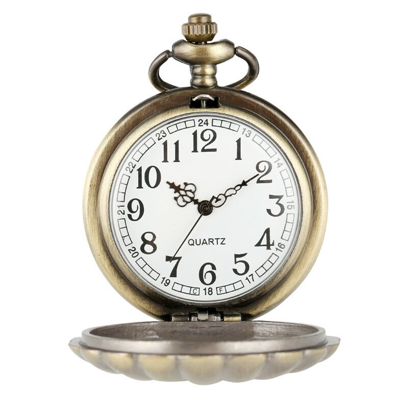 Reloj de bolsillo de concha Steampunk, reloj de reloj Retro, cazador completo, movimiento de cuarzo, cadena de collar de suéter, exhibición de números árabes