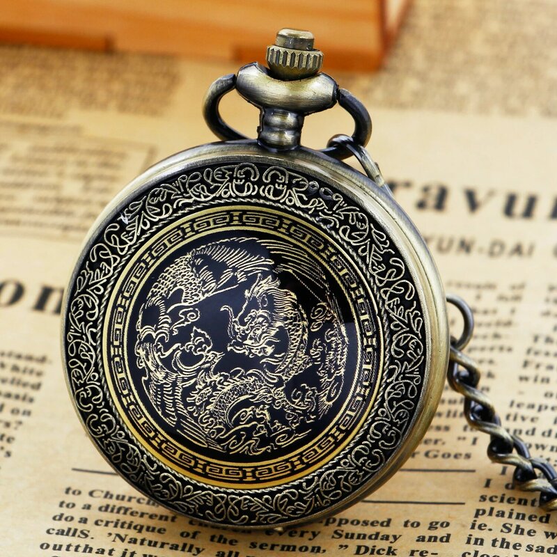 Chinese Style Dragon Vintage Quartz Pocket Watch Men's Personality Necklace Chain Clock reloj hombre