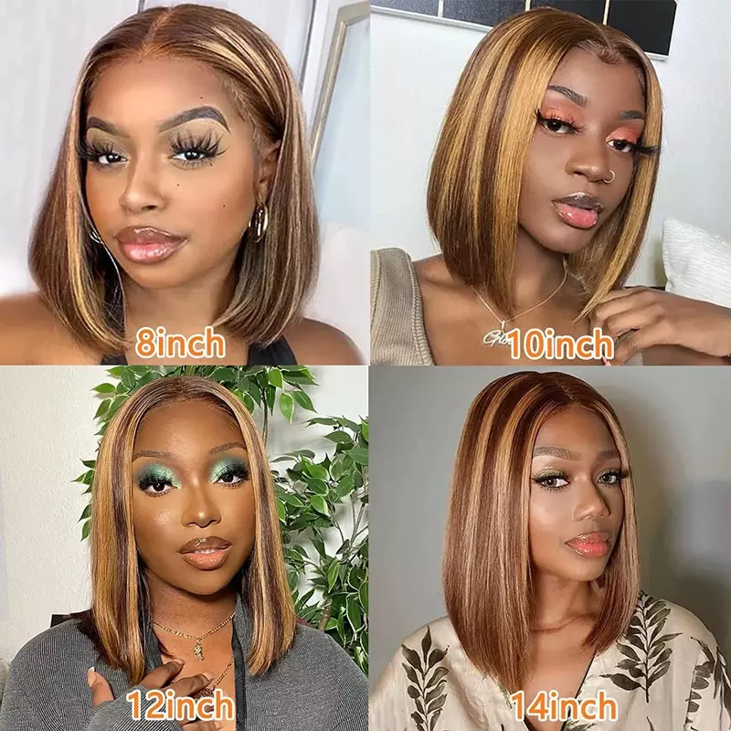 Highlight Color Short Bob Lace Wig Human Hair Peruvian Straight Lace Front Wig P4/27 Honey Blonde 4x4 Lace Closure Wig for Women