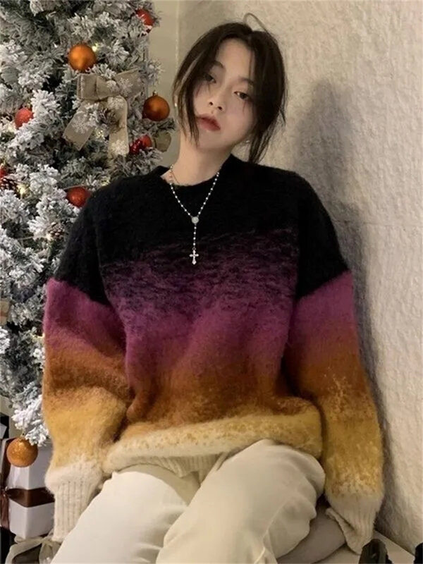 Japoński leniwy styl projekt Gradient kolorów moherowy sweter damski 2024 jesień/zima nowy zagęszczony sweter średniej długości